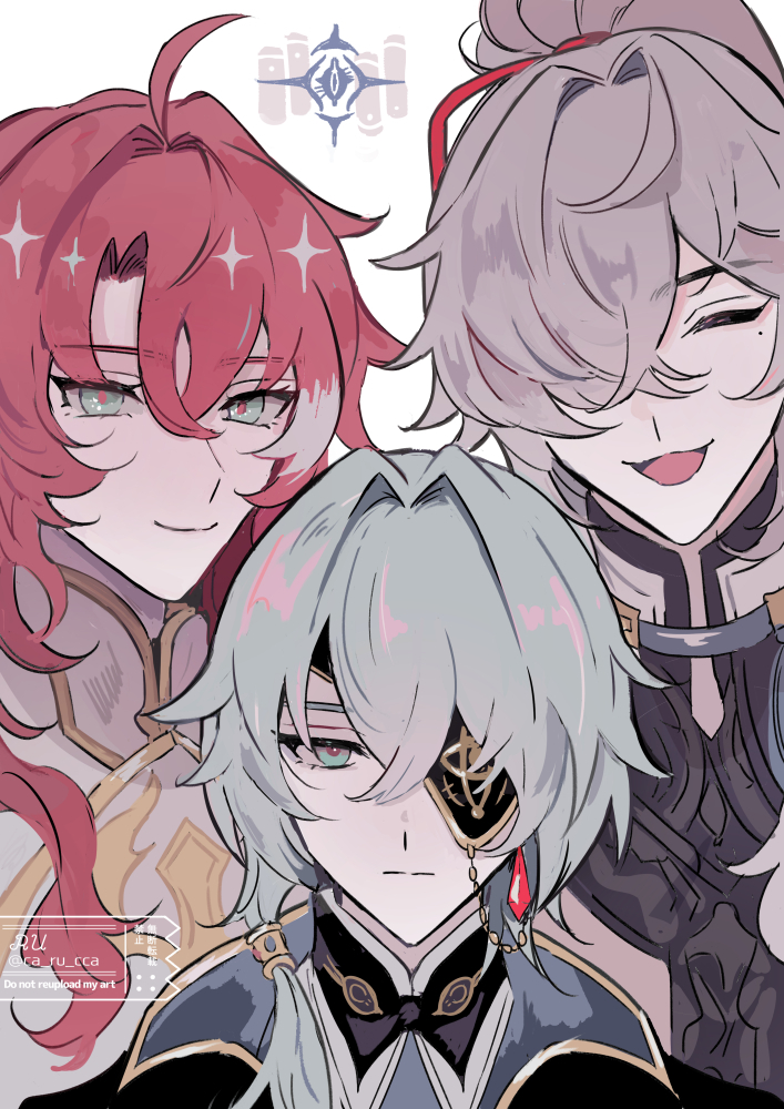 3boys anaxa_(honkai:_star_rail) aqua_hair argenti_(honkai:_star_rail) ca_ru_cca closed_eyes closed_mouth english_text eyepatch hair_over_one_eye honkai:_star_rail honkai_(series) jing_yuan male_focus multiple_boys one_eye_covered open_mouth red_hair smile twitter_username watermark white_background