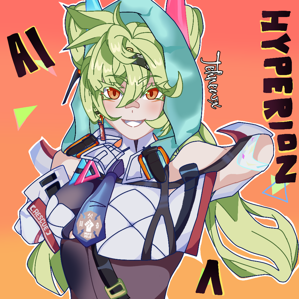 1girl ai_hyperion_lambda bad_source blue_necktie cosplay galo_thymos galo_thymos_(cosplay) green_hair hair_between_eyes honkai_(series) honkai_impact_3rd light_smile logo long_hair looking_at_viewer makeup necktie orange_eyes promare smile