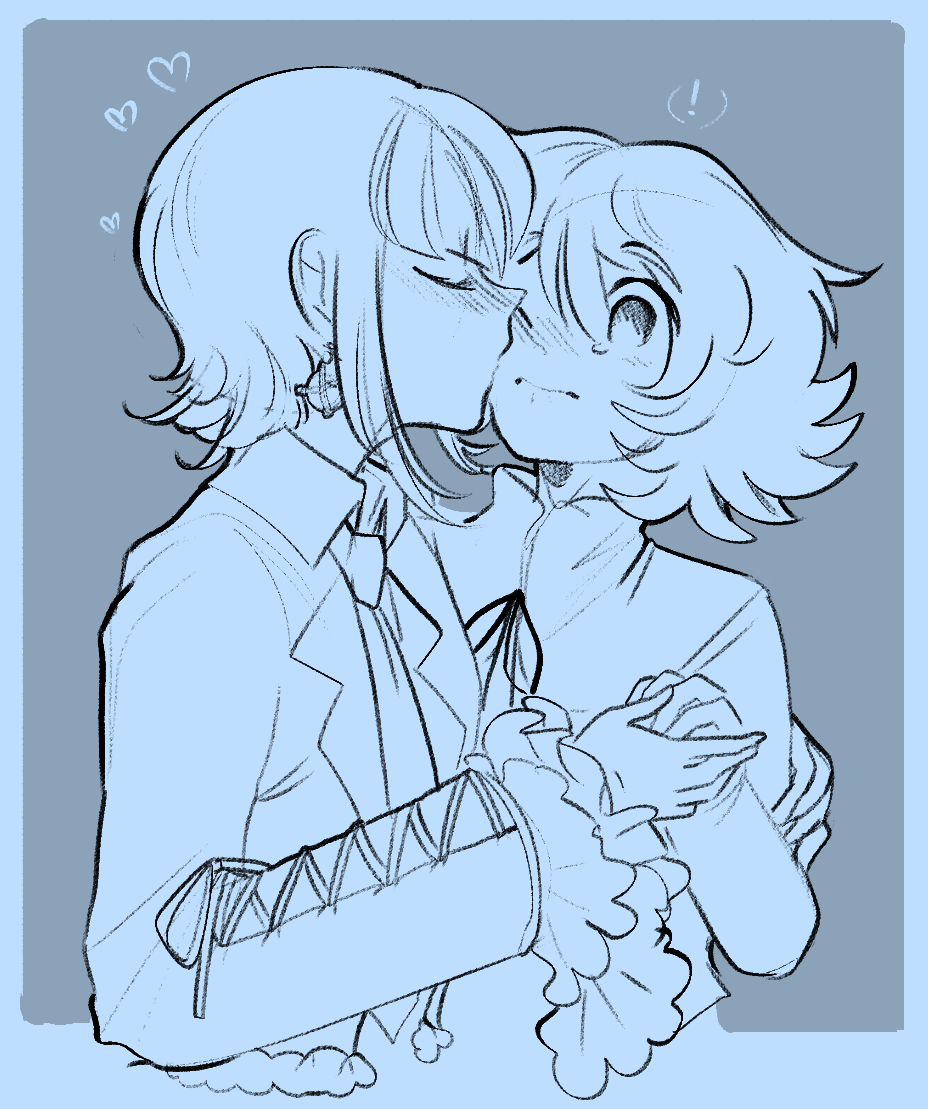 ! 1boy 1girl blush celestia_ludenberg collared_shirt crossdressing danganronpa:_trigger_happy_havoc danganronpa_(series) earrings frilled_jacket frills fujisaki_chihiro grey_background greyscale heart jacket jewelry kiss long_sleeves monochrome neck_ribbon necktie profile ribbon shirt short_hair tearing_up trap twinklelitchii