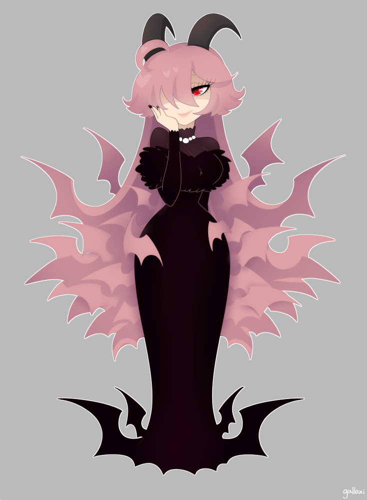 1girl bat_wings black_dress breasts demon_girl demon_horns demon_wings dress funamusea gallaxi horns large_breasts lil_(funamusea) long_hair pink_hair red_eyes solo wings