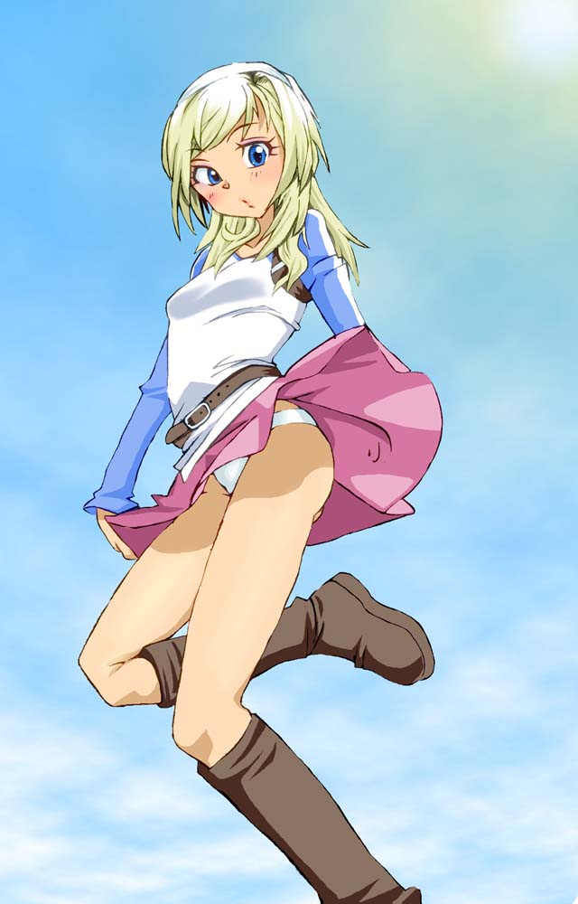 1girl blonde_hair blue_eyes cloud commentary_request day end_of_eternity female_focus graphite_(medium) hairband long_hair looking_at_viewer millipen_(medium) onnaski panties pantyshot pen_(medium) reanbell skirt solo traditional_media underwear