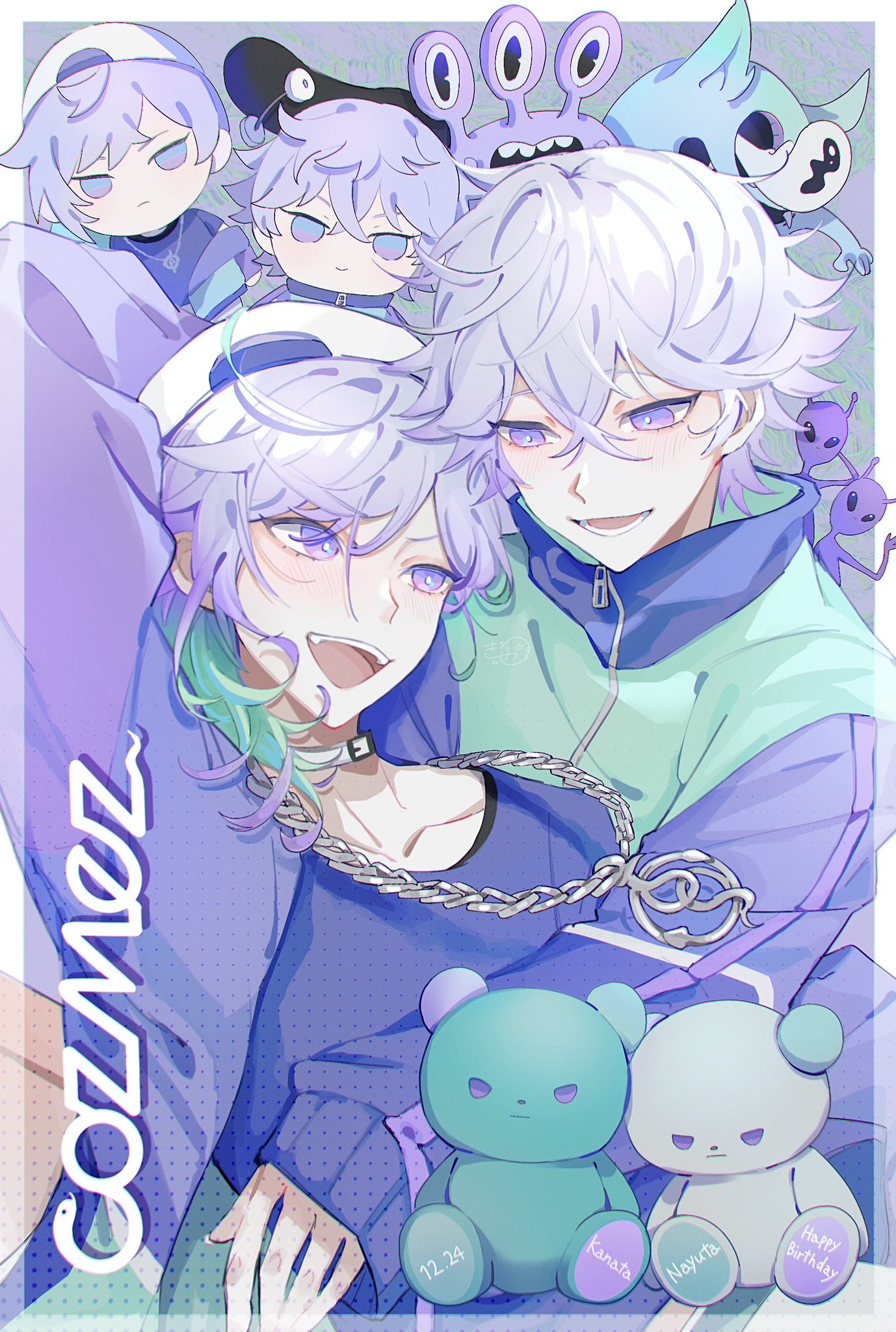 2boys aqua_hair border brothers cozmez_(paradox_live) grey_background highres hug k_planet_0 looking_at_another male_focus medium_hair multicolored_hair multiple_boys open_mouth paradox_live purple_eyes purple_hair short_hair siblings smile teeth twins white_border yatonokami_kanata yatonokami_nayuta