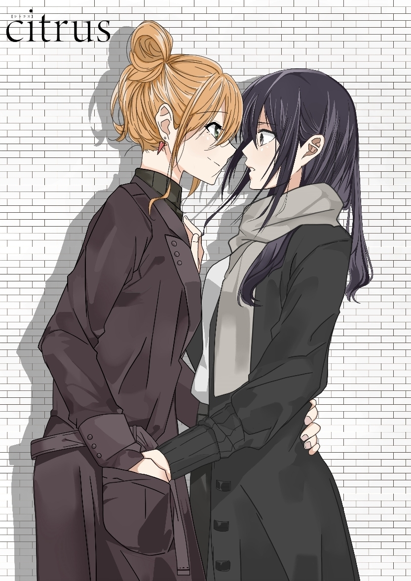 2girls aihara_mei aihara_yuzu black_hair blonde_hair blush breasts citrus_(saburouta) ear_blush earrings green_eyes jewelry kuaixue_shiqing long_hair medium_breasts multiple_girls open_mouth purple_eyes siblings sisters smile step-siblings wife_and_wife yuri