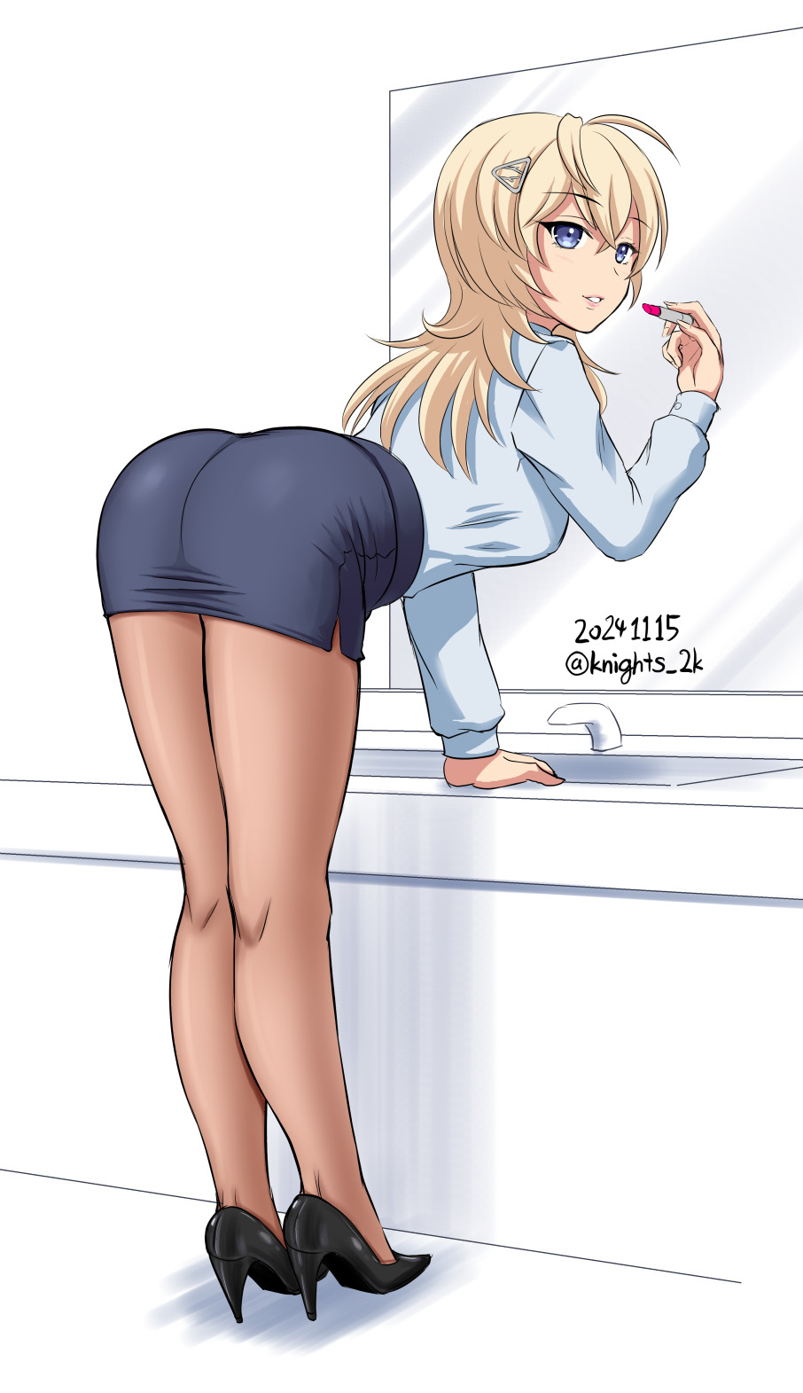 1girl alternate_costume ass black_footwear blonde_hair blue_eyes blue_shirt blue_skirt brown_pantyhose cosmetics dress_shirt from_behind high_heels highres holding holding_lipstick_tube kantai_collection kishi_nisen legs lipstick lipstick_tube long_hair looking_at_viewer looking_back makeup mirror office_lady one-hour_drawing_challenge pantyhose pencil_skirt pumps shirt sink skirt solo tuscaloosa_(kancolle)