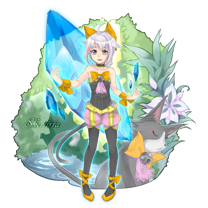 1girl :d ahoge animal ascot bare_shoulders bell black_ascot black_pantyhose black_shirt blue_eyes bow cat cat_tail character_name choker closed_eyes collarbone commentary_request cross-laced_footwear crystal final_fantasy_crystal_chronicles:_echoes_of_time flat_chest flower frills full_body hair_bow jingle_bell looking_at_viewer open_mouth orange_bow orange_shoes pantyhose pink_ascot pink_shorts plant ripples sherlotta sherlotta_(cat) shirt shoes short_hair shorts silver_hair sleeveless sleeveless_shirt smile standing strapless tail tube_top typo water wrist_wrap yu-ri_(arium047)
