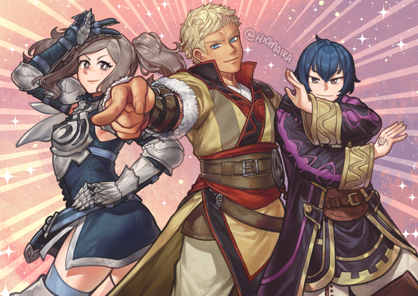 1girl 2boys armor armored_dress belt black_robe blonde_hair blue_belt blue_dress blue_eyes blue_hair breastplate brown_belt brown_eyes brown_hair closed_mouth commission cynthia_(fire_emblem) dress fingernails fire_emblem fire_emblem_awakening gauntlets gold_trim hand_on_own_hip hand_tattoo hiomaika jojo_pose morgan_(fire_emblem) morgan_(male)_(fire_emblem) multiple_boys nintendo owain_(fire_emblem) pointing pointing_at_viewer robe smile tattoo twintails twitter_username v