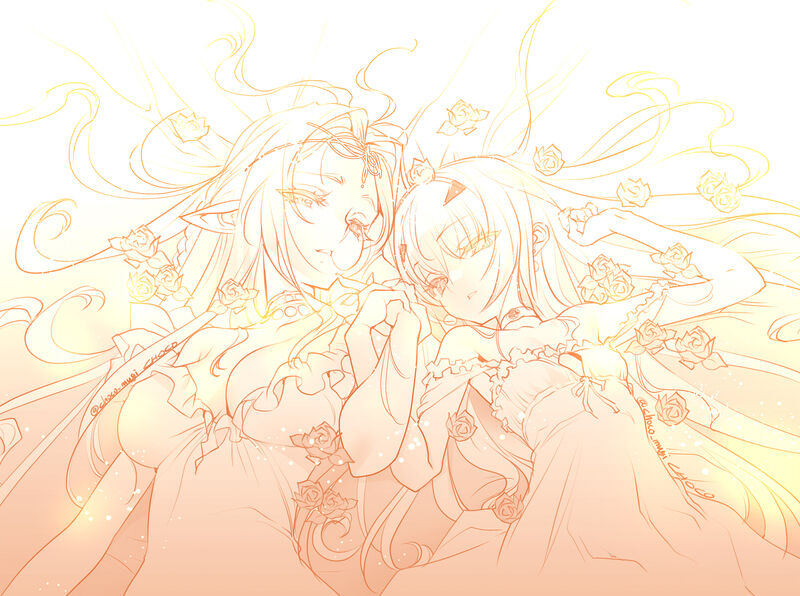 2girls artist_name aurora_(fate) choco_(chocolate_shop) choker dress elf fate/grand_order fate_(series) flower holding_hands long_hair looking_at_viewer melusine_(fate) multiple_girls multiple_monochrome pointy_ears third-party_source