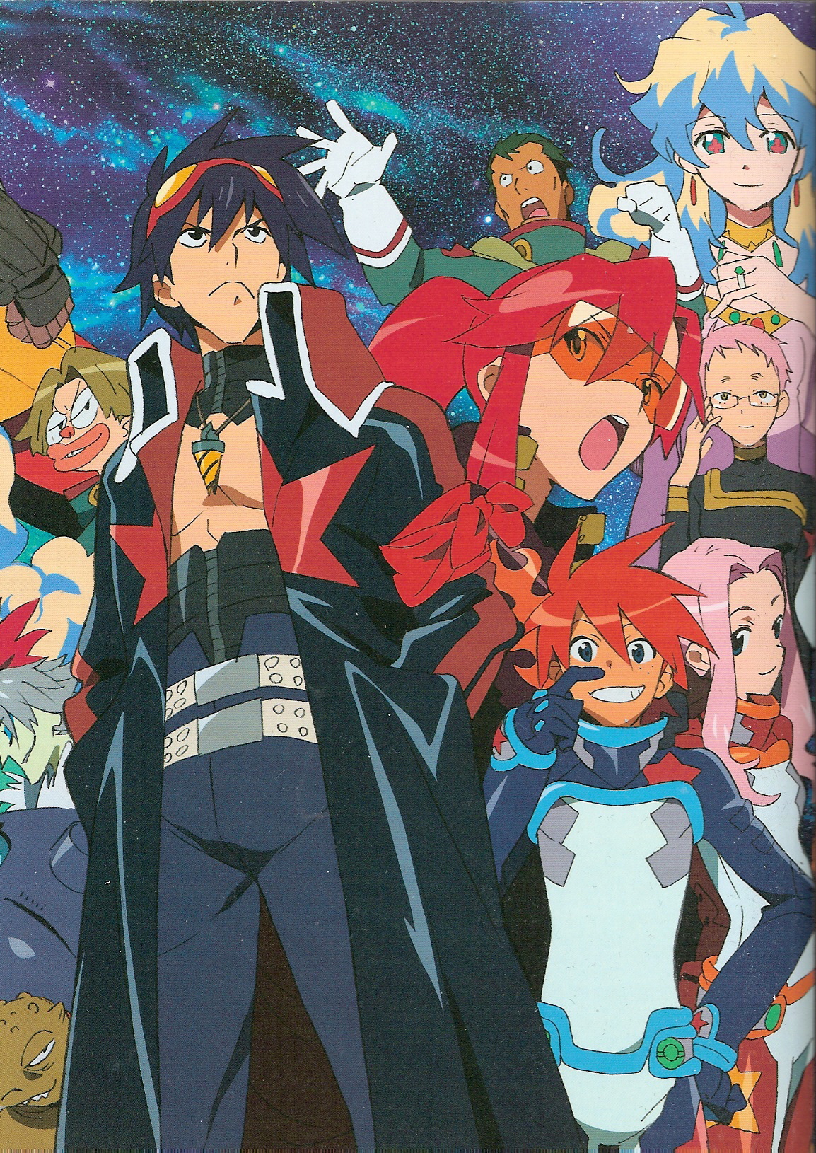 00s 4girls 5boys attenborough_cortitch cybela_kuto cytomander darry_adai dayakka gimmy_adai guame highres multiple_boys multiple_girls nia_teppelin nishigori_atsushi official_art scan simon_(ttgl) space tengen_toppa_gurren_lagann yoko_littner