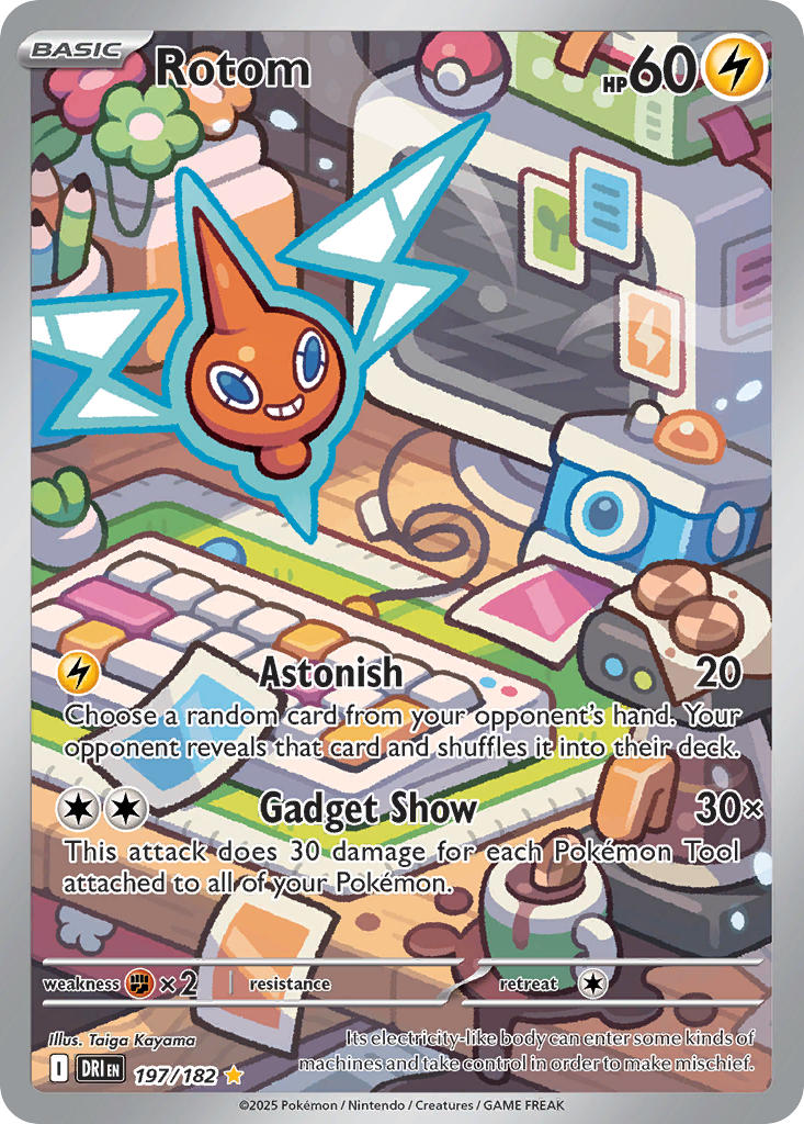 artist_name blue_eyes camera card_(medium) character_name checkerboard_cookie coffee coffee_maker coffee_mug coffee_pot company_name computer computer_keyboard cookie copyright_name copyright_notice cup english_text floating flower food gen_4_pokemon kayama_taiga monitor mug nintendo no_humans official_art pencil photo_(object) poke_ball poke_ball_(basic) pokemon pokemon_(creature) pokemon_card pokemon_focus pokemon_tcg rotom smile solo spill teeth third-party_source trading_card