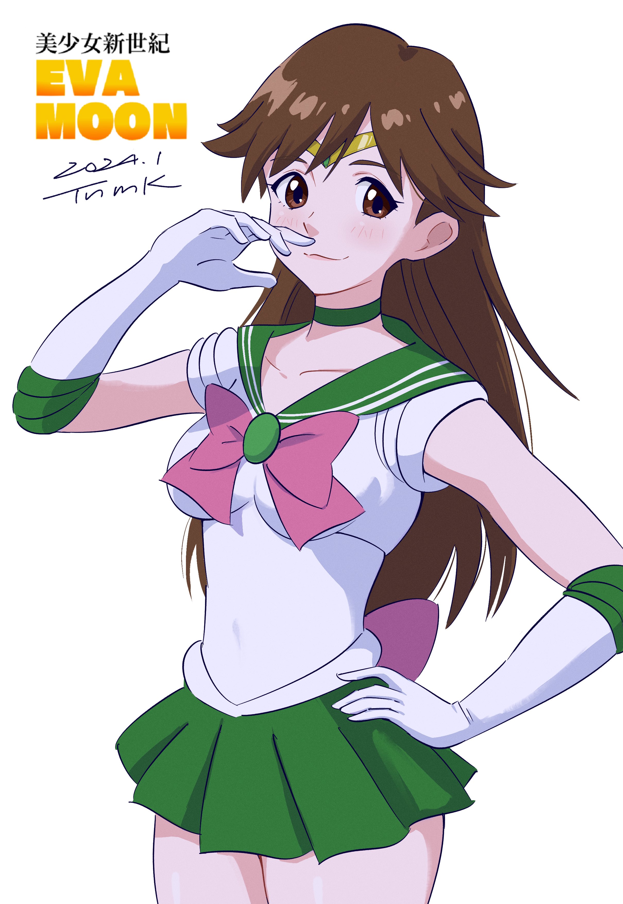 1girl absurdres back_bow bishoujo_senshi_sailor_moon bow brown_eyes brown_hair choker cosplay dated elbow_gloves evangelion:_3.0+1.0_thrice_upon_a_time gloves green_choker green_sailor_collar green_skirt hand_on_own_face hand_on_own_hip highres kino_makoto long_hair looking_at_viewer magical_girl miniskirt neon_genesis_evangelion pleated_skirt rebuild_of_evangelion sailor_collar sailor_jupiter sailor_jupiter_(cosplay) sailor_senshi_uniform simple_background skirt suzuhara_sakura tiara tsunemoku white_background