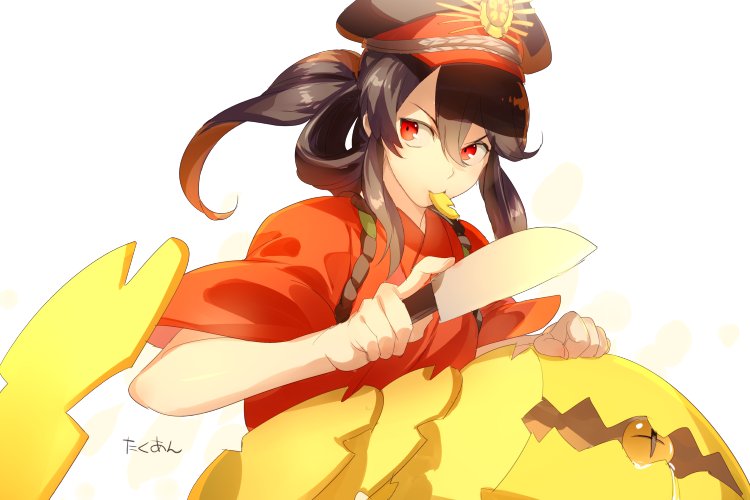 1girl black_hair black_hat breasts demon_pillar_(fate) echo_(circa) fate/grand_order fate_(series) hat knife koha-ace long_hair looking_to_the_side mouth_hold oda_nobunaga_(fate) oda_uri peaked_cap ponytail red_eyes red_shirt shirt short_sleeves sidelocks small_breasts solo