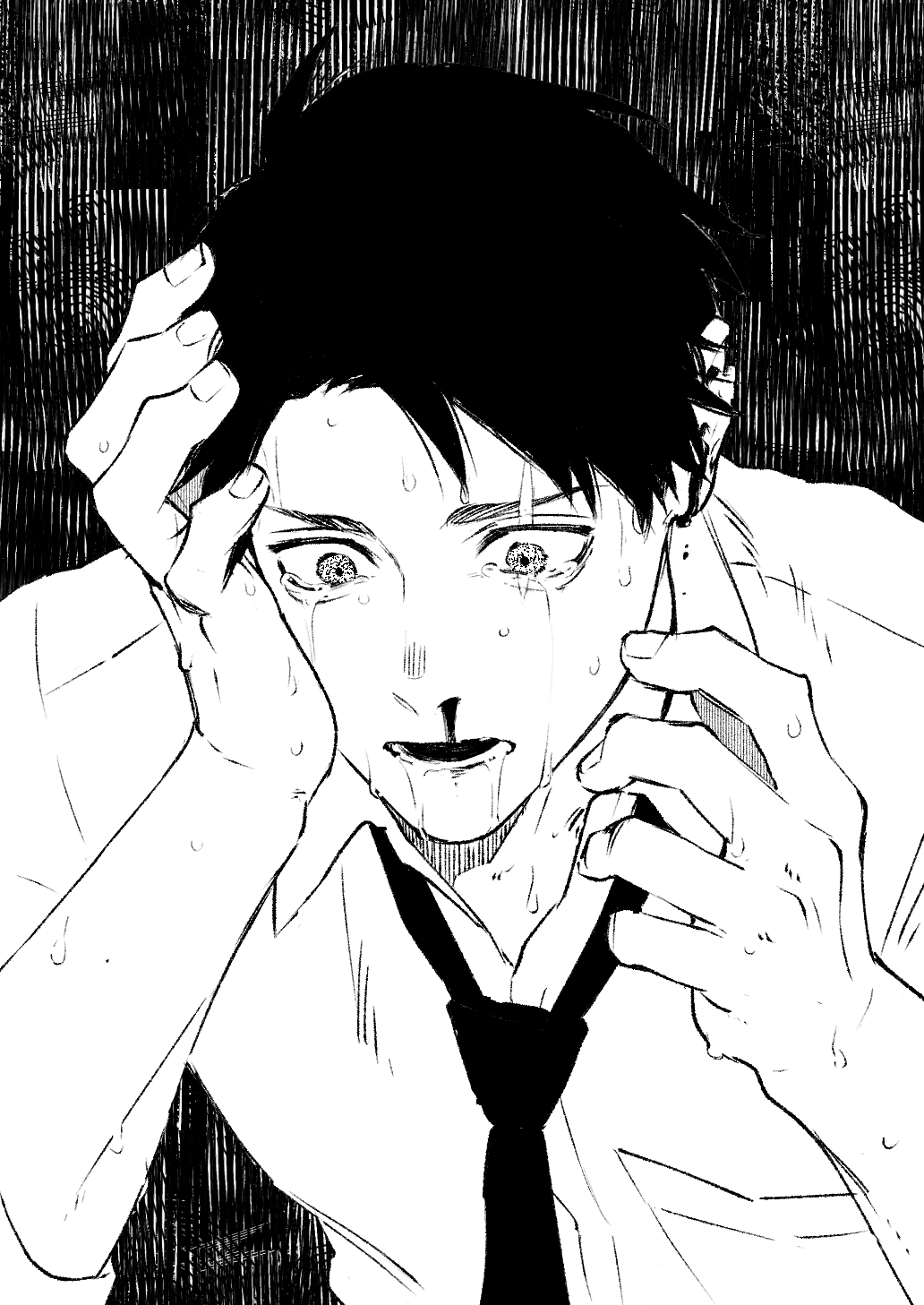 1boy arms_up blood breast_pocket character_request check_character collared_shirt commentary_request crying crying_with_eyes_open drooling gegege_no_kitarou greyscale hand_on_own_head highres male_focus mizuki_(gegege_no_kitarou) monochrome necktie nosebleed open_collar pocket saliva scar scar_across_eyebrow scar_on_face shirt short_hair solo streaming_tears sweat tears upper_body urup_zzz very_sweaty wide-eyed wing_collar