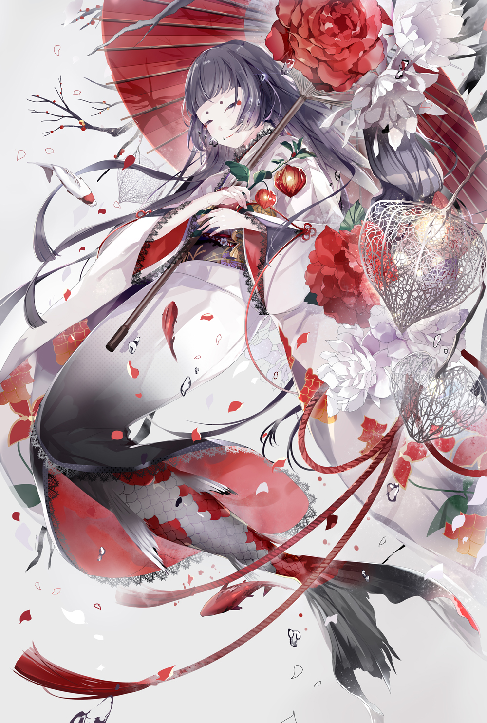 1girl bare_tree black_hair blunt_bangs branch closed_eyes closed_mouth commentary_request facial_mark facing_viewer female_focus floral_print flower forehead_mark full_body gradient_background gradient_clothes grey_background highres holding holding_flower japanese_clothes kimono koi lace_trim long_hair long_sleeves mamenomoto mermaid monster_girl obi oil-paper_umbrella original petals red_flower red_lips red_rose rose rose_petals sash scales solo sparkle tassel transparent transparent_umbrella tree umbrella very_long_hair water_drop white_flower white_kimono wide_sleeves