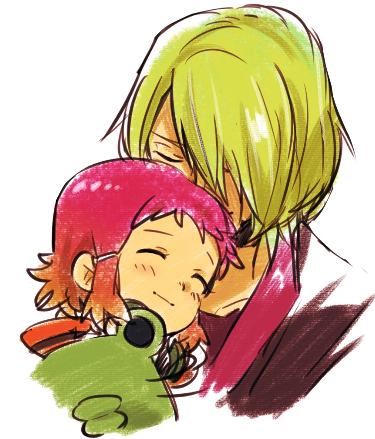 10s 1boy 1girl aquarion_(series) aquarion_evol bad_id bad_pixiv_id bidarian blonde_hair couple closed_eyes gradient_hair hair_ornament hetero jin_musou multicolored_hair orange_hair purple_hair short_hair smile stuffed_animal stuffed_toy tama_(aquarion) yunoha_thrul