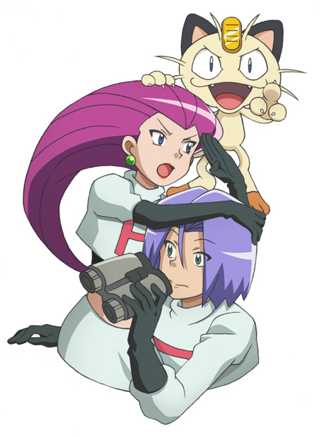 1boy 1girl black_gloves blue_eyes gen_1_pokemon gloves google green_eyes james_(pokemon) jessie_(pokemon) looking_at_viewer meowth musashi_(shugo_chara!) nintendo pink_hair pokemon pokemon_(anime) pokemon_(classic_anime) pokemon_(creature) purple_hair rn_(nyasuke) team_rocket white_background