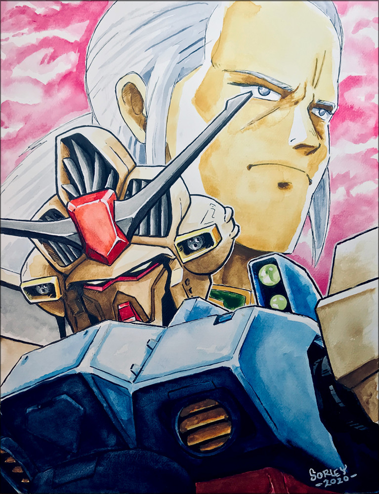 1990s_(style) 1boy anavel_gato blue_hair commentary dated english_commentary graphite_(medium) gun gundam gundam_0083 gundam_gp-02_physalis ink_(medium) jeff_sorley light_blue_hair machine_gun male_focus mecha mobile_suit muzzle painting_(medium) ponytail portrait retro_artstyle robot scan science_fiction signature traditional_media upper_body watercolor_(medium) weapon zeon