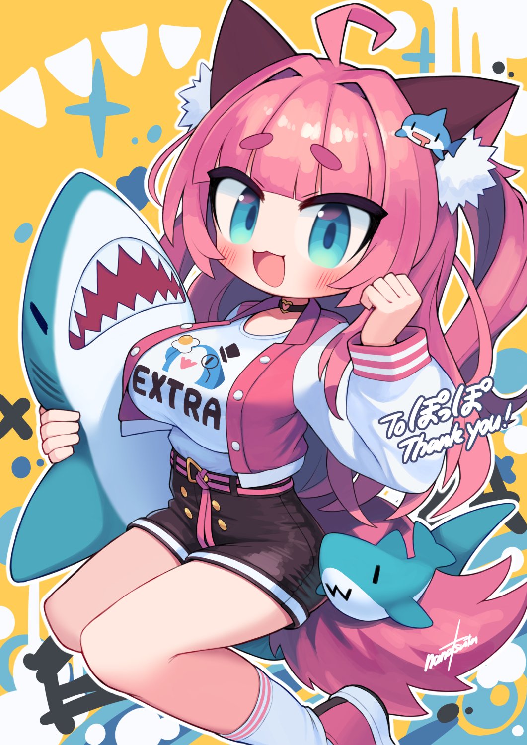 1girl :3 ahoge animal_ear_fluff animal_ears black_shorts blue_eyes blush breasts choker commission hair_intakes heart heart_o-ring highres jacket large_breasts long_hair long_sleeves looking_at_viewer nanatsuta o-ring o-ring_choker open_mouth original pink_hair pink_jacket pink_shoes puffy_long_sleeves puffy_sleeves shirt shoes short_shorts shorts skeb_commission socks solo stuffed_animal stuffed_shark stuffed_toy tail thick_eyebrows white_shirt white_socks wolf_ears wolf_girl wolf_tail