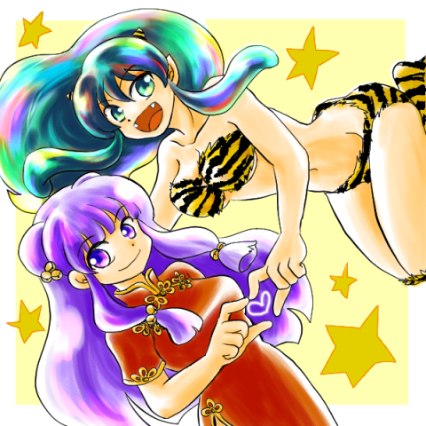 2girls bra china_dress chinese_clothes dress green_hair horns long_hair lum multiple_girls oni panties purple_hair ranma_1/2 shampoo_(ranma_1/2) sidelocks striped_bra striped_clothes striped_panties underwear urusei_yatsura