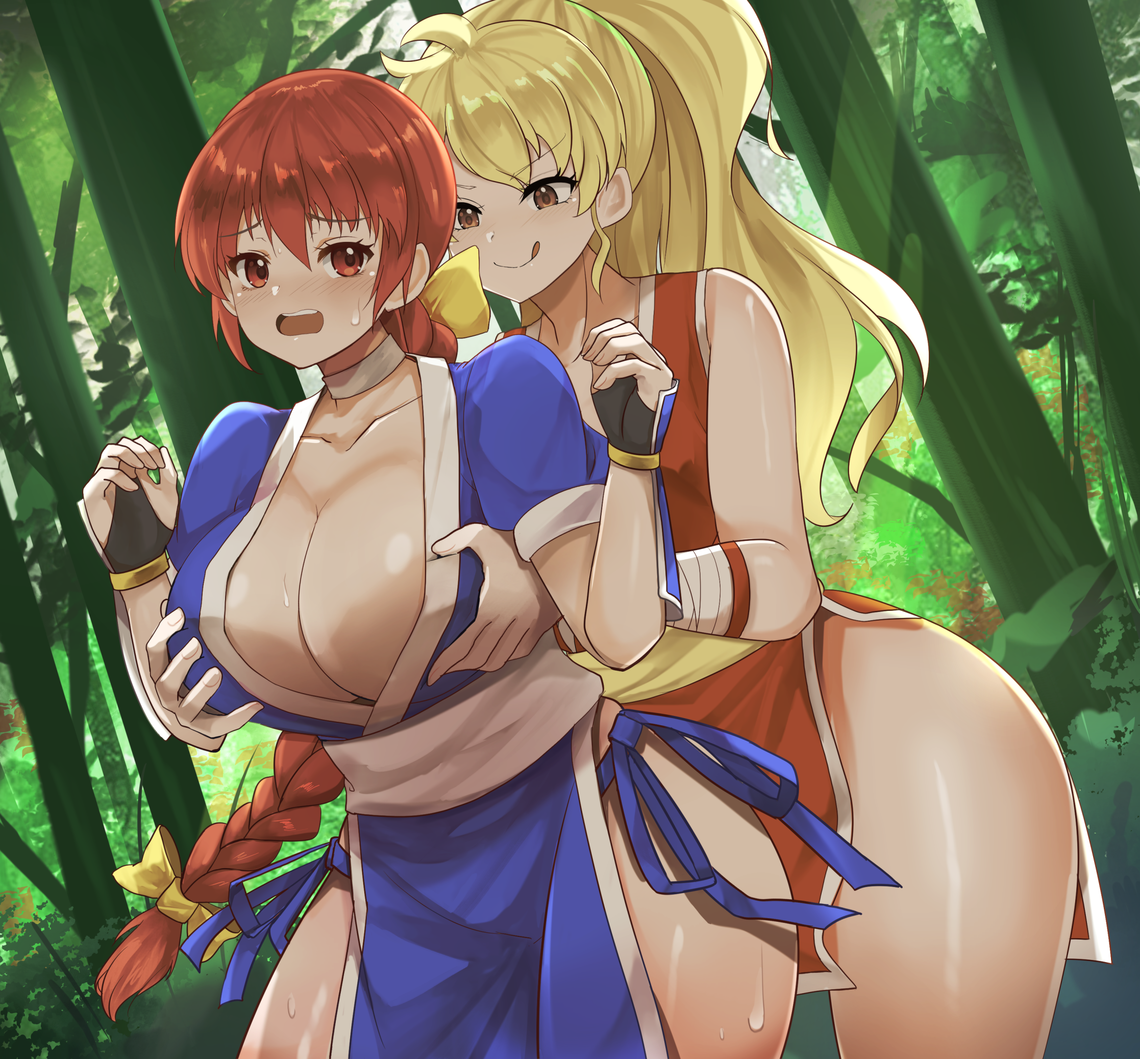 2girls :o :q bare_shoulders blonde_hair blush braid braided_ponytail breasts brown_eyes brown_hair capcom choker cleavage crossover dead_or_alive female_focus final_fight final_fight_2 forest genryuusai_maki grabbing_another's_breast groping high_ponytail highres huge_breasts kasumi_(doa) large_breasts long_hair matching_hair/eyes molestation multiple_girls nature ninja outdoors pelvic_curtain ponytail revealing_clothes short_sleeves sleeveless street_fighter sweat tecmo tongue tongue_out trait_connection tree wide_hips yuri zad_orein