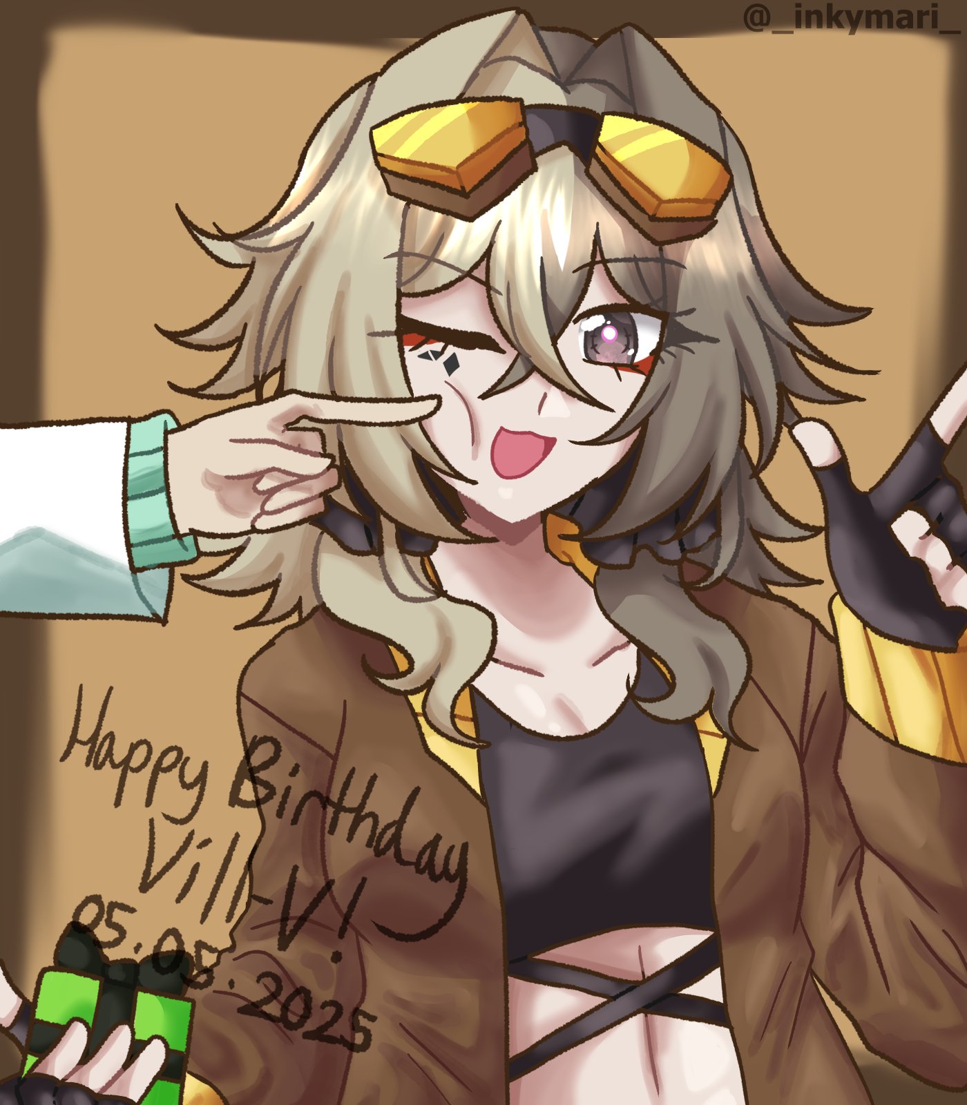 2girls black_gloves box breasts brown_background brown_hair brown_jacket cheek_poking cleavage coat crop_top dated fingerless_gloves gift gift_box gloves goggles goggles_on_head grey_eyes hair_intakes happy_birthday highres holding holding_gift honkai_(series) honkai_impact_3rd inkymari jacket lab_coat large_breasts medium_hair midriff missing_commentary mobius_(honkai_impact) multiple_girls one_eye_closed open_mouth poking twitter_username upper_body vill-v white_coat