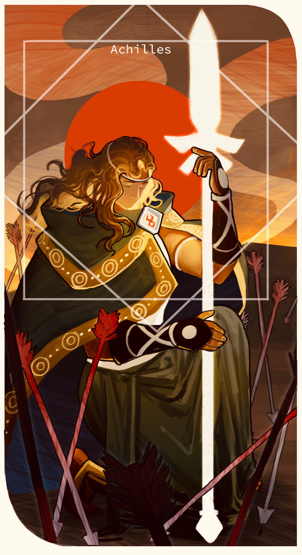 1boy achilles_(hades) anklet armlet arrow_(projectile) barefoot blonde_hair border cape character_name closed_eyes commentary english_commentary english_text full_body hades_(series) hades_1 highres holding holding_polearm holding_weapon jewelry long_hair male_focus on_one_knee polearm solo tworain_w weapon white_border