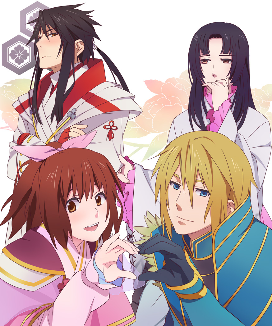 2boys 2girls alternate_costume armor azai_nagamasa azai_nagamasa_(sengoku_basara) azai_nagamasa_(sengoku_musou) black_hair blonde_hair blunt_bangs blush brown_eyes brown_hair clothes_grab couple crossover dual_persona heart heart_hands heart_hands_duo long_hair multiple_boys multiple_girls name_connection no_headwear oichi oichi_(sengoku_basara) oichi_(sengoku_musou) open_mouth ponytail satowo sengoku_basara sengoku_musou sidelocks sleeve_grab smile symmetrical_hand_pose tsundere