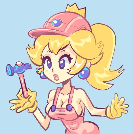 1girl alternate_costume apron bare_arms bare_shoulders blonde_hair blue_eyes breasts cleavage collarbone crown earrings eyelashes female_focus gloves hammer hard_hat helmet holding jewelry lips long_hair lowres mario_(series) medium_breasts naked_apron naked_overalls nintendo no_bra no_shirt overalls parted_lips pink_headwear pink_lips pink_overalls pocket ponytail princess princess_peach shirtless_(female) sideboob simple_background small_torso solo super_mario_bros._1 super_mario_maker supersatanson taut_clothes upper_body wakipai white_background yellow_gloves