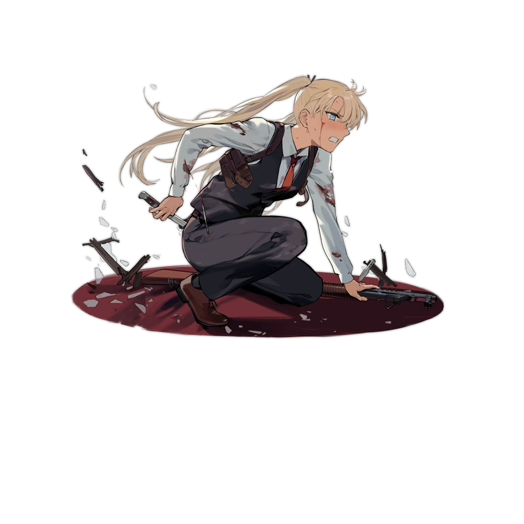 1girl angry bad_tag black_pants black_vest blonde_hair blood blood_on_clothes blood_on_face blue_eyes brown_footwear crossover dark-skinned_female dark_skin duoyuanjun formal_clothes girls&#039;_frontline gun gunslinger_girl knife necktie official_art on_one_knee pants pump_action red_necktie shotgun solo suit transparent_background triela twintails vest weapon winchester_model_1897