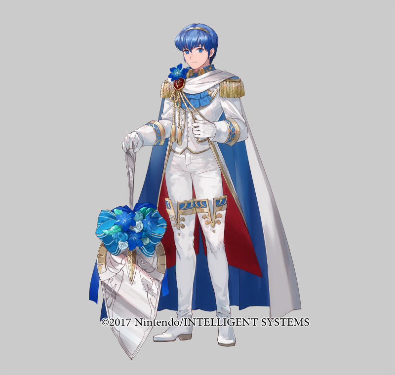 1boy armor blue_eyes blue_hair cape copyright_notice fire_emblem fire_emblem:_mystery_of_the_emblem fire_emblem_heroes formal_clothes full_body gloves grey_background looking_at_viewer male_focus marth_(fire_emblem) marth_(groom)_(fire_emblem) mayo_(becky2006) necktie nintendo official_art simple_background smile solo tuxedo