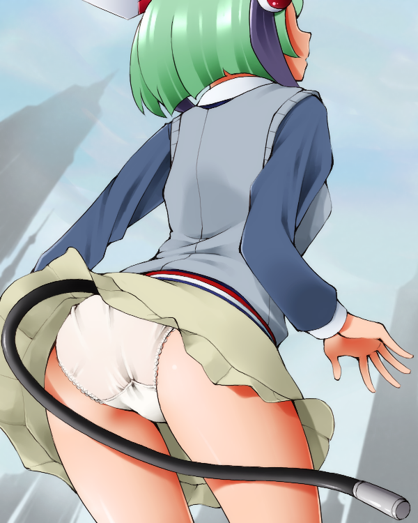 1girl ass cable cable_tail commentary_request dimension_w dr_rex female_focus green_hair mechanical_tail multicolored_hair panties pantyshot short_hair skirt solo tail two-tone_hair underwear white_panties yurizaki_mira