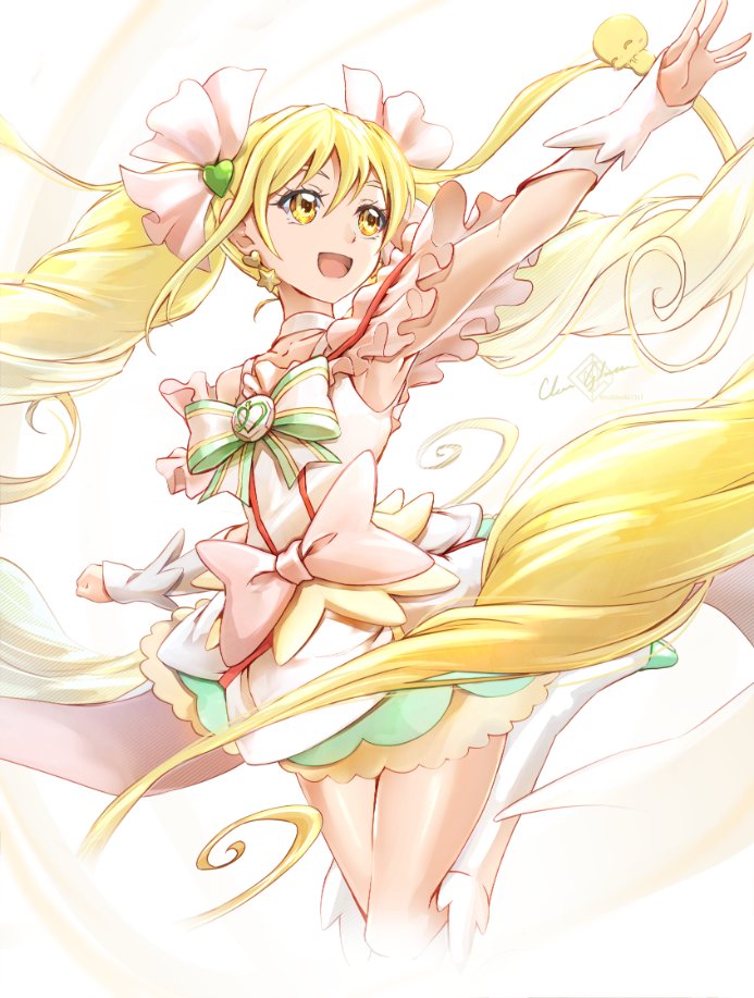 1girl :d artist_name blonde_hair boots choker clear_glass_(mildmild1311) commentary_request cure_echo dress earrings eyelashes hair_ornament happy jewelry long_hair magical_girl open_mouth precure precure_all_stars precure_all_stars_new_stage:_mirai_no_tomodachi sakagami_ayumi signature simple_background smile solo standing star_(symbol) star_earrings swept_bangs twintails twitter_username very_long_hair white_background white_choker white_dress white_wrist_cuffs wrist_cuffs yellow_eyes