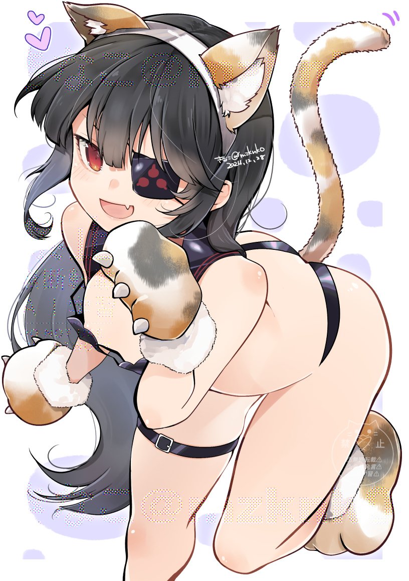 1girl animal_ears animal_hands ass bikini black_bikini black_hair breasts cat_ears cat_paws cat_tail eyepatch fang kinako_(mzknk0) light_blush long_hair looking_at_viewer mirai_(senran_kagura) nipple_slip nipples red_eyes senran_kagura sidelocks small_breasts smile solo swimsuit tail thighs white_background