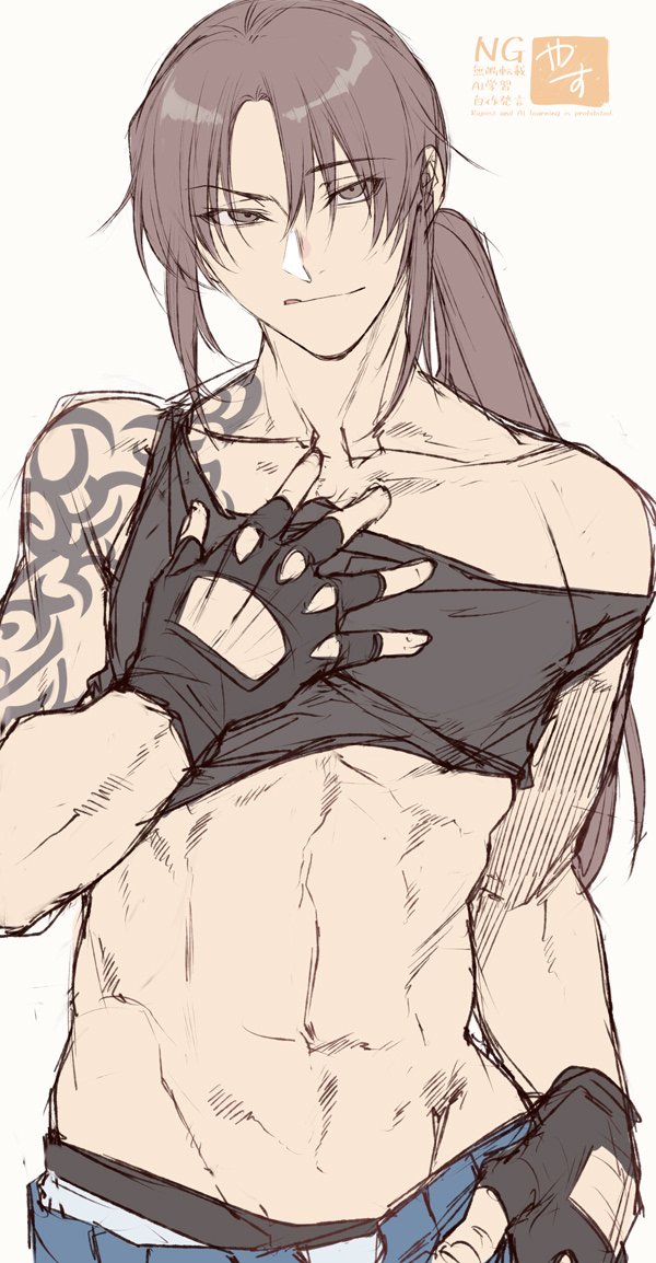1boy abs bare_shoulders black_gloves black_lagoon black_tank_top brown_eyes brown_hair closed_mouth commentary_request crop_top fingerless_gloves genderswap genderswap_(ftm) gloves hand_on_own_chest long_hair male_focus ponytail revy_(black_lagoon) shoulder_tattoo simple_background solo stomach tank_top tattoo toned toned_male upper_body watermark white_background yasunososaku