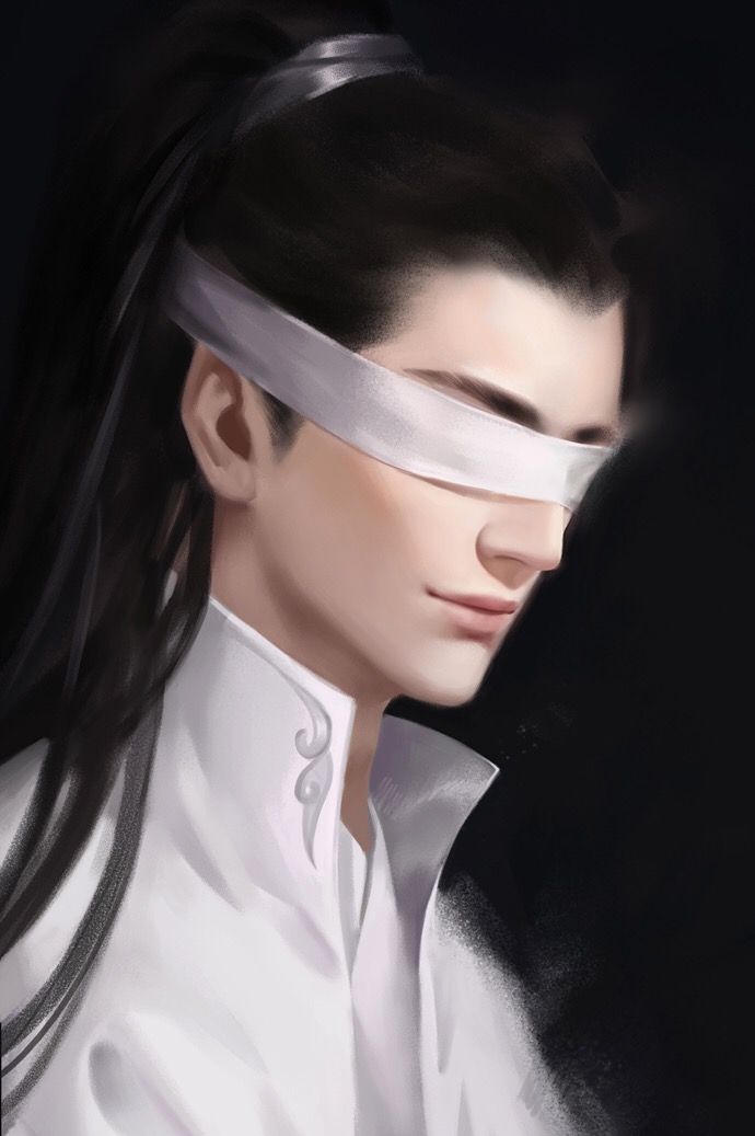 1boy asian black_background black_hair blindfold chinese_clothes chinese_commentary closed_mouth coat collared_coat commentary_request grey_ribbon hair_half_over_shoulder hair_ribbon hanfu happy high_collar lips long_hair male_focus modao_zushi open_clothes open_coat pink_lips realistic ribbon simple_background smile solo thick_eyebrows topknot upper_body very_long_hair white_blindfold white_coat white_hanfu xiao_xingchen ye_dian_pikaqiu