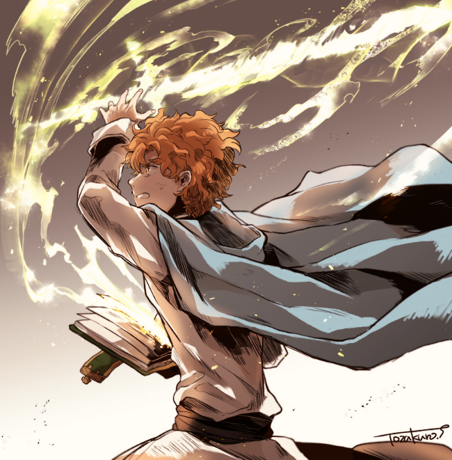 1boy artist_name artur_(fire_emblem) blue_cape book cape electricity fire_emblem fire_emblem:_the_sacred_stones gradient_background long_sleeves magic male_focus nintendo open_book orange_eyes orange_hair profile simple_background solo tozakuro_s