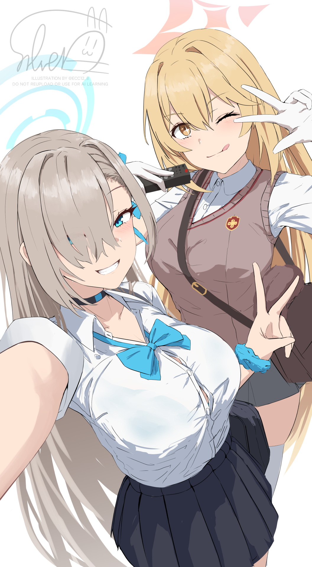 2girls ;) ;q asuna_(blue_archive) asuna_(school_uniform)_(blue_archive) black_skirt blonde_hair blue_archive blue_eyes blue_halo blue_ribbon blush breasts brown_eyes brown_sweater_vest button_gap choker collared_shirt commentary controller crossover dress_shirt elbow_gloves emblem feet_out_of_frame gloves grey_skirt grin hair_over_one_eye hair_ribbon halo hands_up highres holding holding_remote_control large_breasts long_hair looking_at_viewer miniskirt multiple_girls no_print one_eye_closed pleated_skirt red_halo remote_control ribbon school_emblem school_uniform scrunchie shirt shokuhou_misaki short_sleeves silver_bullet_(ecc12_8) skirt sleeves_rolled_up smile standing star_halo summer_uniform sweater_vest symbol-only_commentary symbol-shaped_pupils toaru_kagaku_no_railgun toaru_majutsu_no_index tokiwadai_school_uniform tongue tongue_out v very_long_hair w w_over_eye white_gloves white_shirt wrist_scrunchie