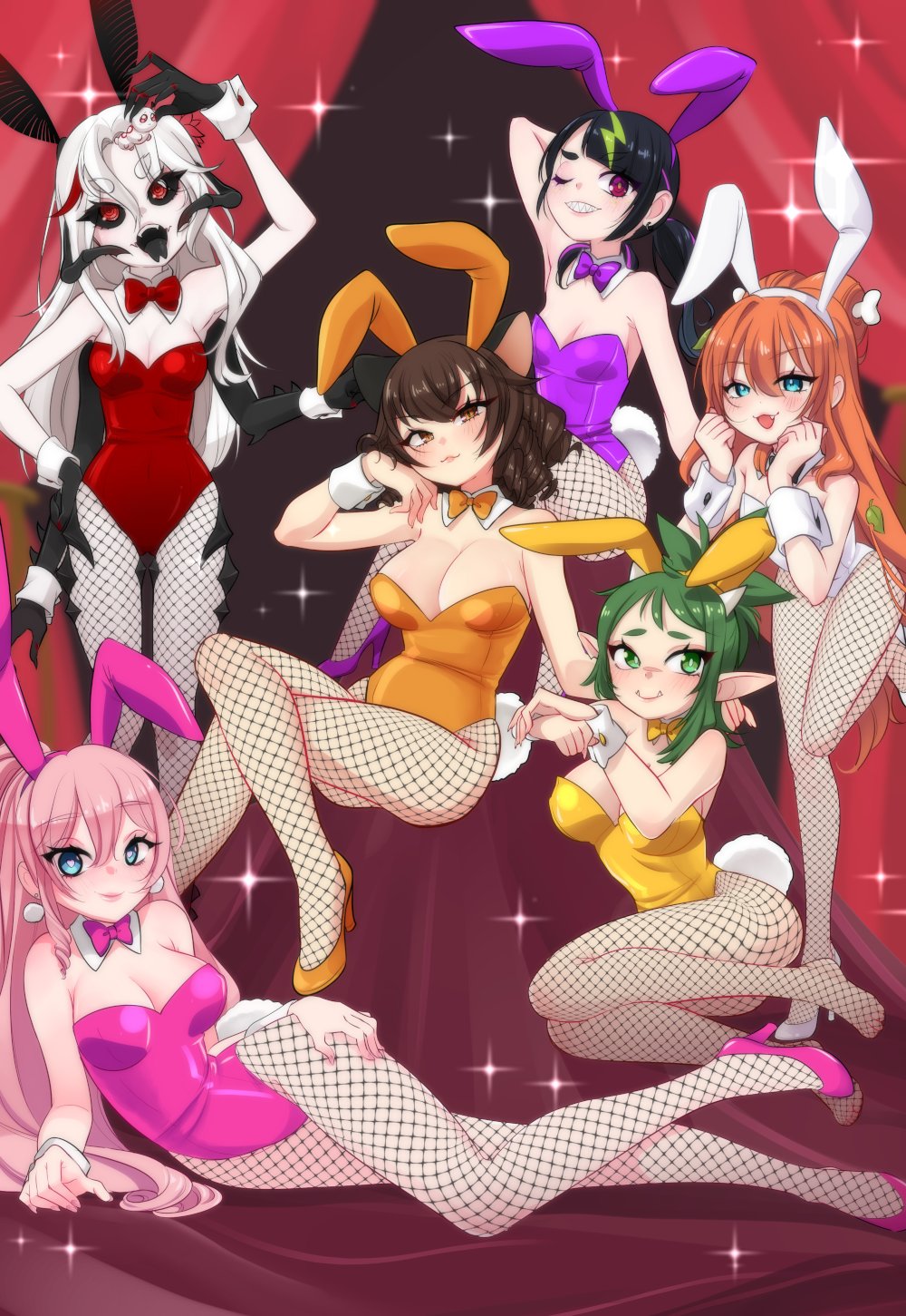 3am 6+girls animal_ear_hairband animal_ears arm_behind_head arthropod_girl black_bow black_bowtie black_hair black_sclera black_tongue blue_eyes blush bone_hair_ornament bow bowtie breasts brown_hair callie_calico cleavage colored_extremities colored_sclera coqui detached_collar earrings extra_arms fake_animal_ears fang fang_guu fang_guu_(artist) fishnet_pantyhose fishnets forked_tongue green_eyes green_hair hair_ornament hairband hand_on_own_thigh heart heart-shaped_pupils high_heels highres insect_girl jewelry large_breasts leaf_hair_ornament leotard lips lyra_calyptra meat_(vtuber) moth_girl multicolored_hair multiple_girls olivia_monroe one_eye_closed open_mouth orange_bow orange_bowtie orange_hair orange_leotard pantyhose pink_bow pink_bowtie pink_hair pink_leotard pink_shoes playboy_bunny pom_pom_(clothes) pom_pom_earrings purple_bow purple_bowtie purple_eyes purple_leotard purple_shoes rabbit_ear_hairband rabbit_ears rabbit_tail red_bow red_bowtie red_eyes red_hair red_leotard second-party_source sharp_teeth shoes small_breasts strapless strapless_leotard streaked_hair symbol-shaped_pupils tail teeth tongue tusks white_hair white_leotard white_shoes white_wrist_cuffs wrist_cuffs yellow_bow yellow_bowtie yellow_eyes yellow_leotard