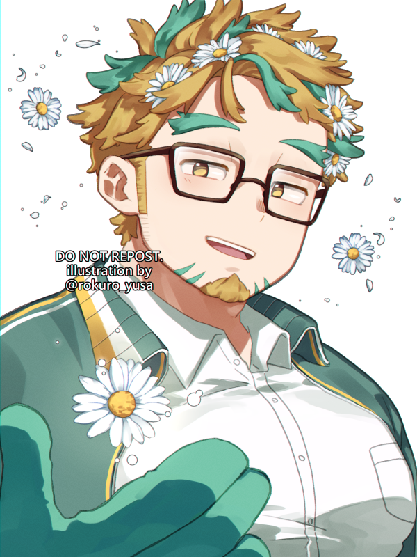 1boy bara facial_hair fat fat_man florakinesis flower glasses gloves goatee green_hair hair_flower hair_ornament half-closed_eyes hand_up happy_aura hippolytus_(housamo) jacket large_pectorals light_brown_hair male_focus medium_sideburns multicolored_hair pectorals rokuro_yusa short_hair sideburns_stubble smile solo streaked_hair stubble thick_eyebrows tokyo_houkago_summoners track_jacket two-tone_beard upper_body