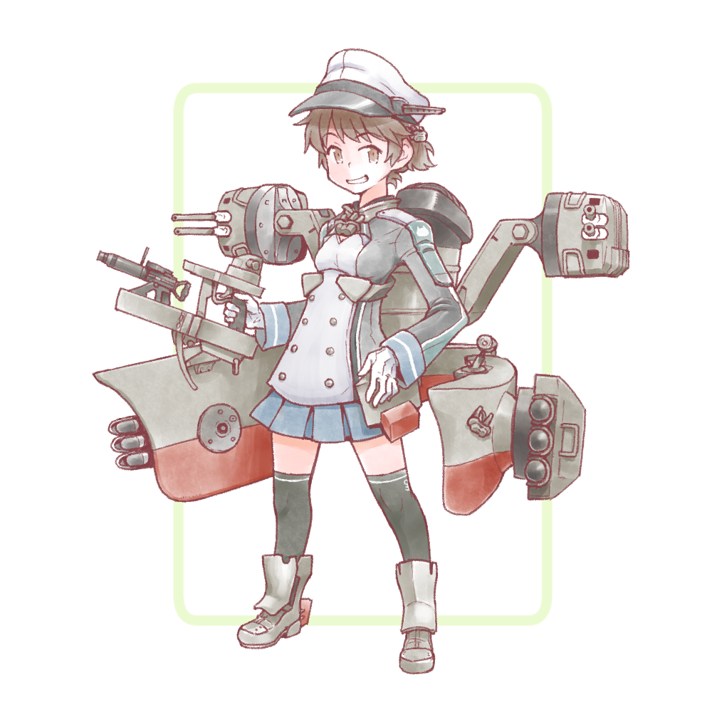 1girl anchor_symbol black_thighhighs blue_skirt brown_eyes brown_hair cannon cosplay full_body gloves hat kantai_collection military military_hat military_uniform miniskirt miyuki_(kancolle) over-kneehighs peaked_cap pleated_skirt prinz_eugen_(kancolle) prinz_eugen_(kancolle)_(cosplay) ship_turret short_hair skirt solo standing thighhighs torpedo torpedo_launcher white_gloves yagi_mutsuki