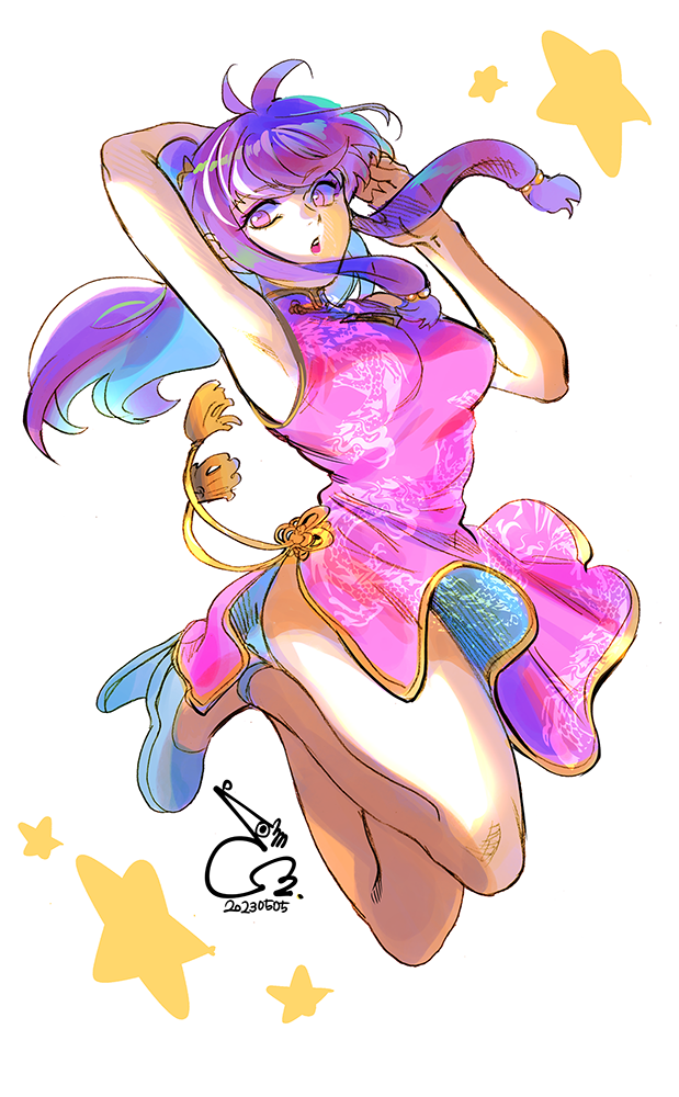 1girl arm_up bad_id bad_pixiv_id bae_(baebae) bare_legs bow china_dress chinese_clothes dated double_bun dress hair_bow hair_bun long_hair open_mouth purple_dress purple_eyes purple_hair ranma_1/2 shampoo_(ranma_1/2) side_slit signature simple_background sleeveless sleeveless_dress star_(symbol) white_background yellow_bow