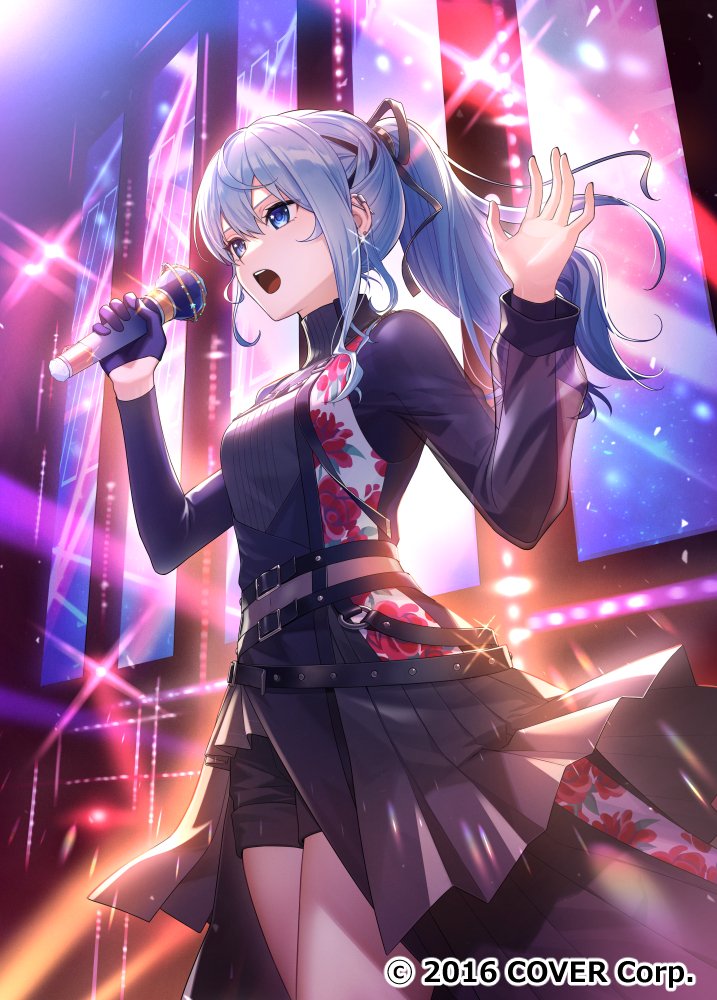 1girl asymmetrical_sleeves belt black_bow black_overskirt black_shirt black_shorts blue_eyes blue_hair blush bow chain chest_harness commentary_request company_name copyright_notice covered_navel cowboy_shot earclip freestyle18 gloves hair_between_eyes hair_bow hair_ornament harness high_ponytail hololive hoshimachi_suisei hoshimachi_suisei_(shout_in_crisis) layered_skirt long_hair long_sleeves looking_at_viewer mismatched_sleeves music o-ring official_alternate_costume official_alternate_hairstyle official_art open_mouth pleated_skirt ponytail see-through_clothes see-through_midriff shirt shorts sidelocks singing single_glove skirt skort solo stage stage_lights standing star_(symbol) star_in_eye symbol_in_eye turtleneck turtleneck_shirt virtual_youtuber