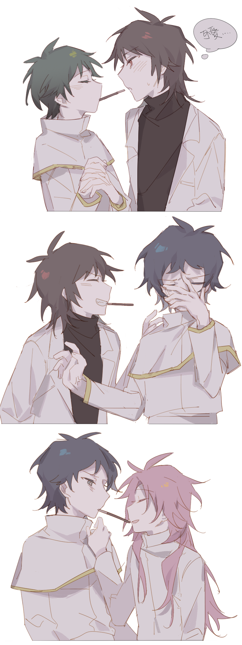 1girl 3boys anger_vein black_hair black_sweater blush bright_pupils brown_hair capelet chinese_commentary chinese_text closed_eyes colored_eyelashes commentary_request food gold_trim green_hair grey_eyes grin hand_on_own_face harada_minoru hatsutori_hajime hetero highres isoi_rai jacket lapels long_hair long_sleeves multiple_boys notched_lapels open_clothes open_jacket open_mouth parted_lips pink_hair pocky pocky_kiss red_eyes saibou_shinkyoku shared_food shirt short_hair simple_background smile speech_bubble sweat sweater thought_bubble tokiki_(lsqmsukiki) translation_request turtleneck turtleneck_sweater utsugi_noriyuki white_background white_capelet white_jacket white_pupils white_shirt yaoi