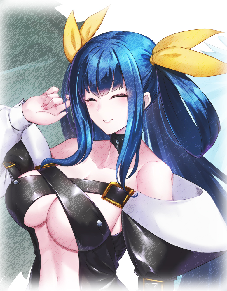 1girl angel_wings asymmetrical_wings bare_shoulders black_choker blue_hair blush breasts center_opening choker closed_eyes collarbone dizzy_(guilty_gear) dtcy fingernails guilty_gear guilty_gear_x guilty_gear_xx hair_between_eyes hair_rings long_hair nail_polish open_mouth sidelocks smile solo twintails underboob upper_body wings
