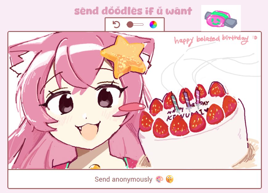 1girl :3 :d animal_ear_fluff animal_ears bee_swarm_stimulator black_eyes blush_stickers cake candle cat_ears cat_girl commentary crossed_bangs dj_booth_(neko)_(tower_defense_simulator) dj_booth_(tower_defense_simulator) double-parted_bangs english_commentary english_text fang food fruit gummy_bee hair_between_eyes hair_ornament happy_birthday heart light_blush long_hair looking_at_viewer official_alternate_costume official_alternate_hairstyle open_mouth pink_hair portrait roblox ryoko6318 simple_background single_blush_sticker smile solo star_(symbol) star_hair_ornament straight-on strawberry strawberry_cake strawpage tower_defense_simulator_(roblox) white_background