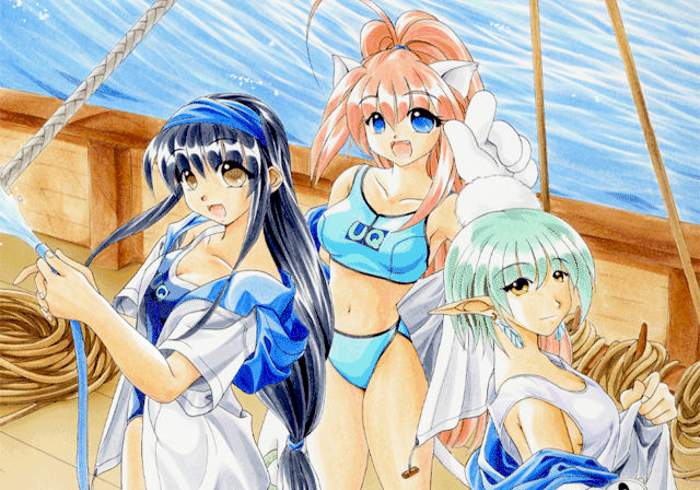 3girls animal_ears animal_hands arms_up atelier-moo black_hair blue_eyes bob_cut breasts brown_eyes cat_ears cat_tail closed_mouth collarbone cowboy_shot elf elle_louise fang gloves gradient_hair green_hair hair_between_eyes hair_ribbon high_ponytail holding holding_hose hood hoodie hose index_finger_raised large_breasts long_hair looking_at_viewer low-tied_long_hair melody_sinclair midriff multicolored_hair multiple_girls ocean open_mouth paw_gloves pink_hair pointing pointing_up pointy_ears ponytail ribbon rope sheela_sheffield ship shirt short_hair smile standing swimsuit tail tank_top thighs tooth upper_body water watercraft wide_ponytail yellow_eyes yuukyuu_gensoukyoku