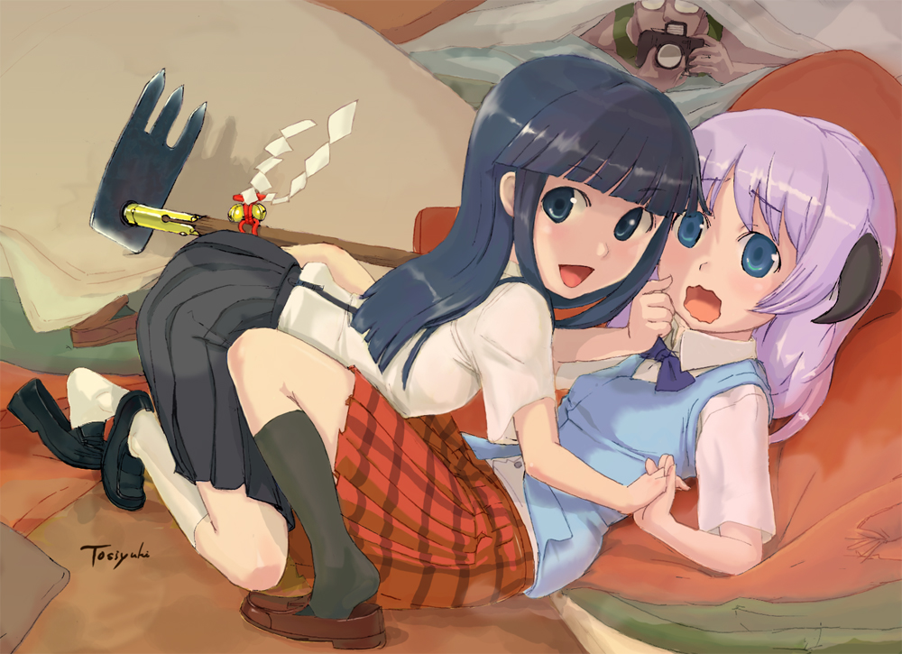 00s 1boy 2girls all_fours bell between_legs black_legwear blue_eyes blue_hair blush camera furude_rika futon hanyuu hiding higurashi_no_naku_koro_ni hime_cut hoe holding_hands horns interlocked_fingers jingle_bell light_purple_hair loafers long_hair looking_at_viewer lying multiple_girls plaid_clothes plaid_skirt pleated_skirt sasaki_toshiyuki school_uniform serafuku shirt shoe_dangle shoes short_sleeves signature skirt smile suspender_skirt suspenders tomitake_jirou vest voyeurism wavy_mouth white_legwear worktool