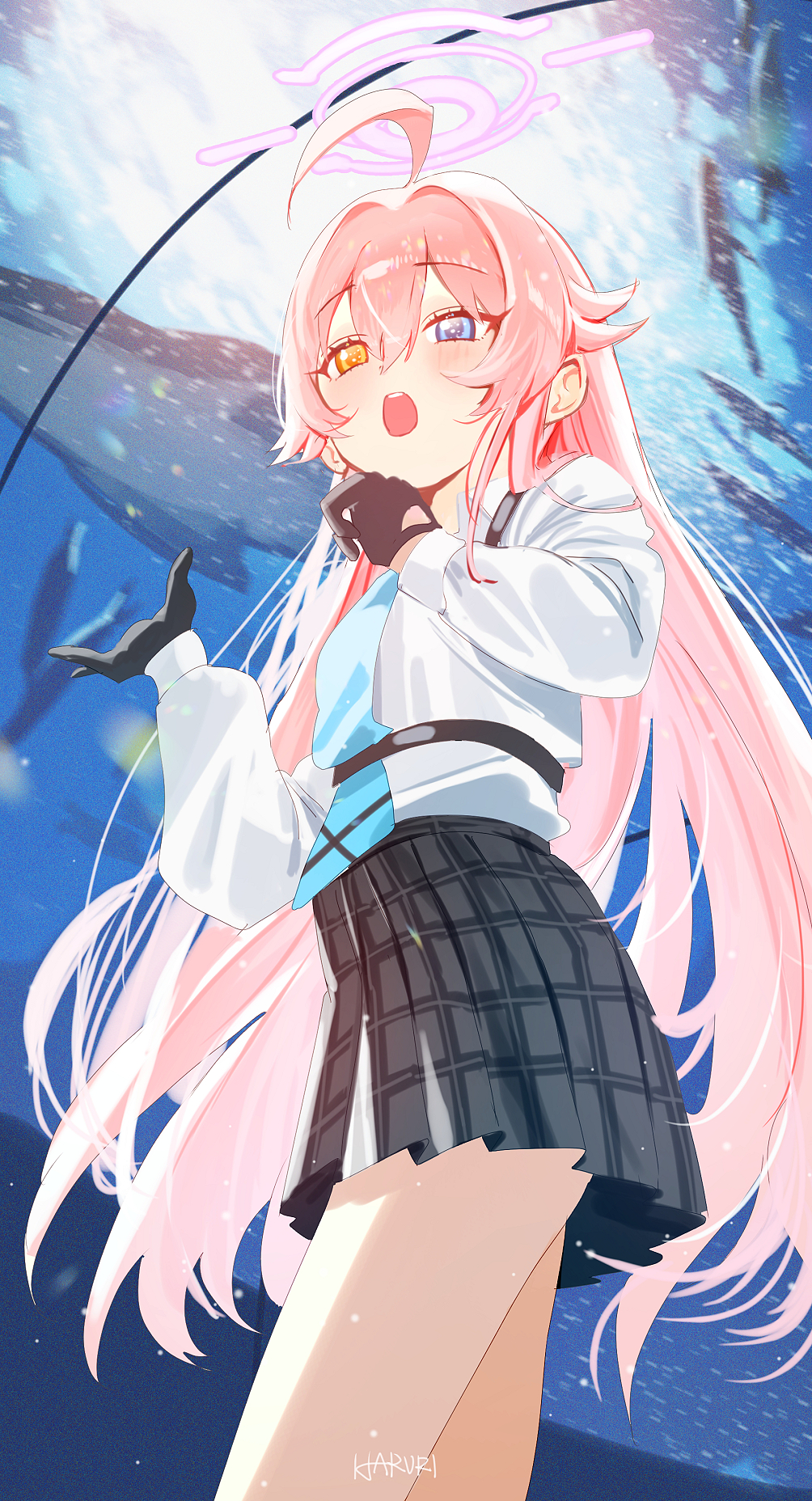 1girl ahoge animal aquarium black_gloves blue_archive blue_eyes blue_necktie blush commentary fish gloves grey_skirt hair_between_eyes hair_intakes halo haruri heterochromia highres hoshino_(blue_archive) indoors long_hair long_sleeves necktie open_mouth pink_hair plaid_clothes plaid_skirt pleated_skirt puffy_long_sleeves puffy_sleeves shirt skirt solo standing teeth upper_teeth_only very_long_hair water white_shirt yellow_eyes