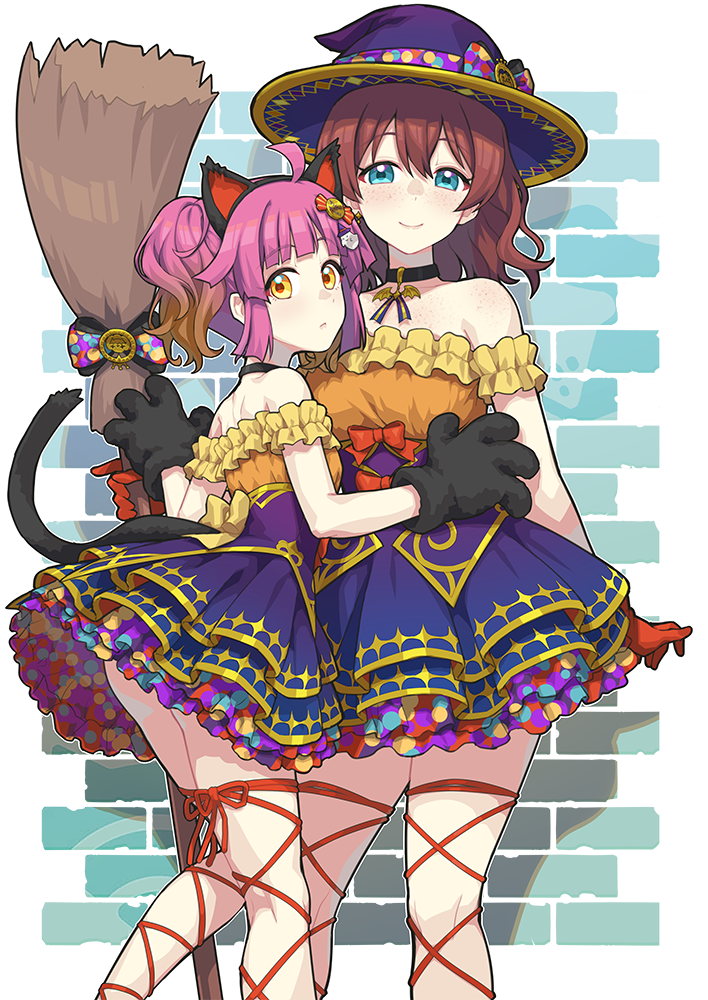 2girls ahoge animal_ears animal_hands aqua_eyes ass back back_bow bat_ornament black_gloves blue_skirt blunt_bangs body_freckles bow breasts brick_wall broom brown_hair cat_ears cat_paws cat_tail choker dot_nose earrings emma_verde expressionless fake_animal_ears fake_tail freckles frilled_shirt frilled_skirt frills gloves halloween hat holding holding_broom jewelry large_breasts leg_ribbon legs looking_at_viewer love_live! love_live!_nijigasaki_high_school_idol_club love_live!_school_idol_festival_all_stars medium_hair multicolored_skirt multiple_girls nijigasaki_halloween_(love_live!) off-shoulder_shirt off_shoulder official_alternate_costume orange_shirt pink_hair red_bow red_gloves ribbon shirt short_hair skirt small_breasts smile tail tennoji_rina thigh_ribbon thighs transparent_background twintails waste-man wavy_hair witch_hat yellow_bow yellow_eyes