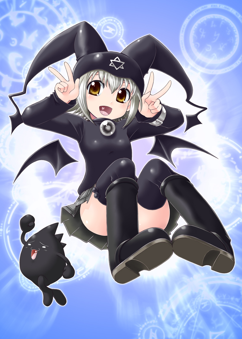 1girl arm_up bat_wings black_boots black_thighhighs boots censored convenient_censoring convenient_leg double_v female_focus hat heart heart_in_mouth hexagram jester_cap jewelry kuro_unyuu magic_circle mayura open_mouth plaid_clothes plaid_skirt silver_hair skirt solo thighhighs ukagaka v wings yaso_shigeru yellow_eyes