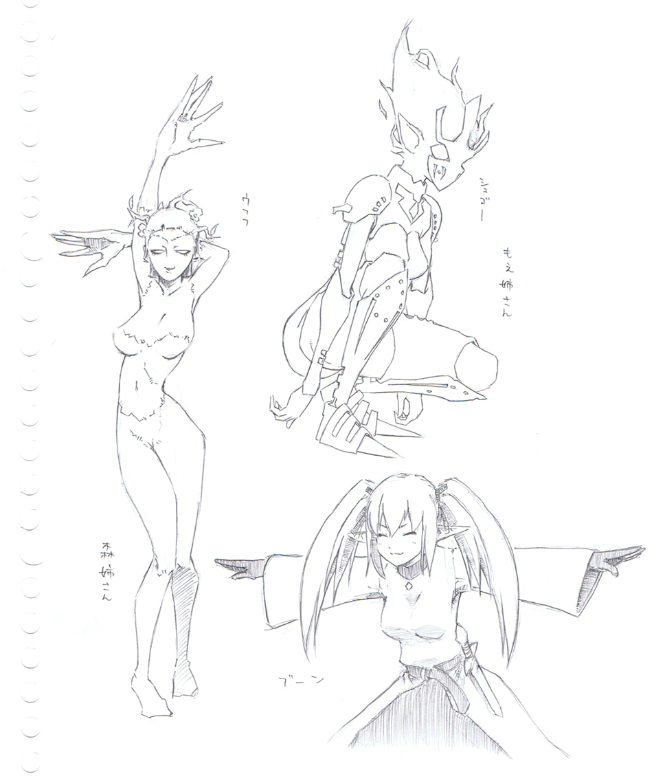 3girls breasts collar dagger elemental_(creature) elf fire fire_elemental flame_atronach gloves hair_ribbon horns knife lew_(mudamoro) monochrome monster_girl mudamoro multiple_girls pointy_ears ribbon robe sash sitting sketch smile spirit spriggan_(the_elder_scrolls) the_elder_scrolls the_elder_scrolls_iv:_oblivion thighhighs traditional_media translated twintails weapon